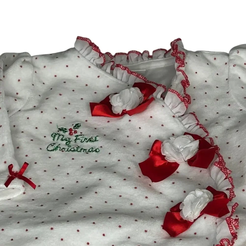Little Me White sleeper with red polka dots My First Christmas sz 6 mth